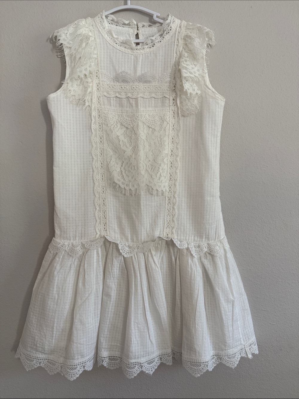 Ivory Lace-Trimmed Girls' Formal Dress  with Sleeveless Tiered Skirt - [872]